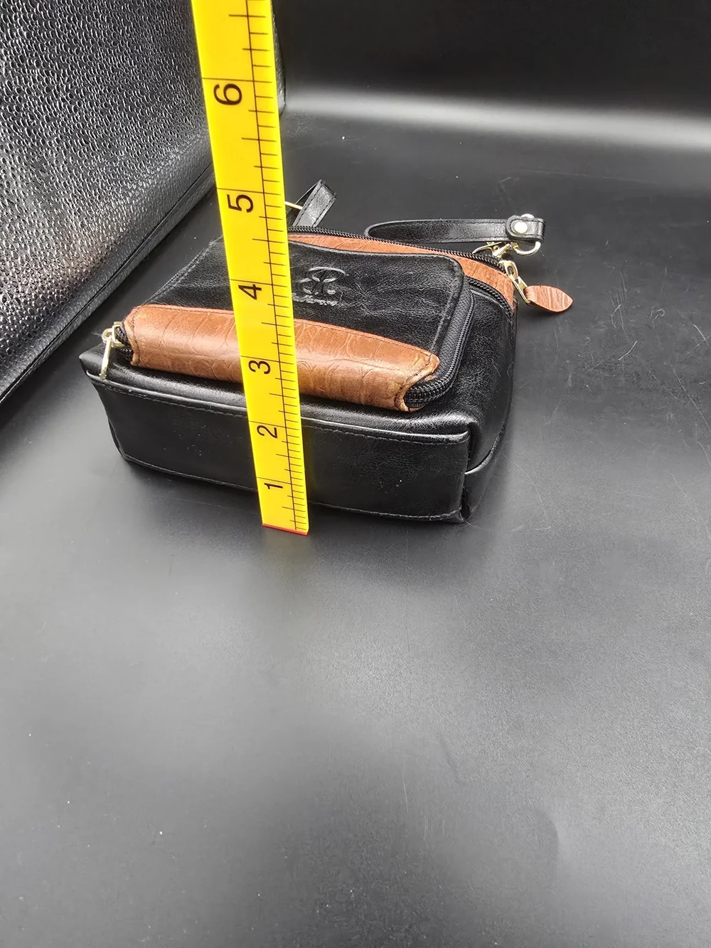 Two-Tone Black & Brown Crossbody Organizer with Gold Hardware